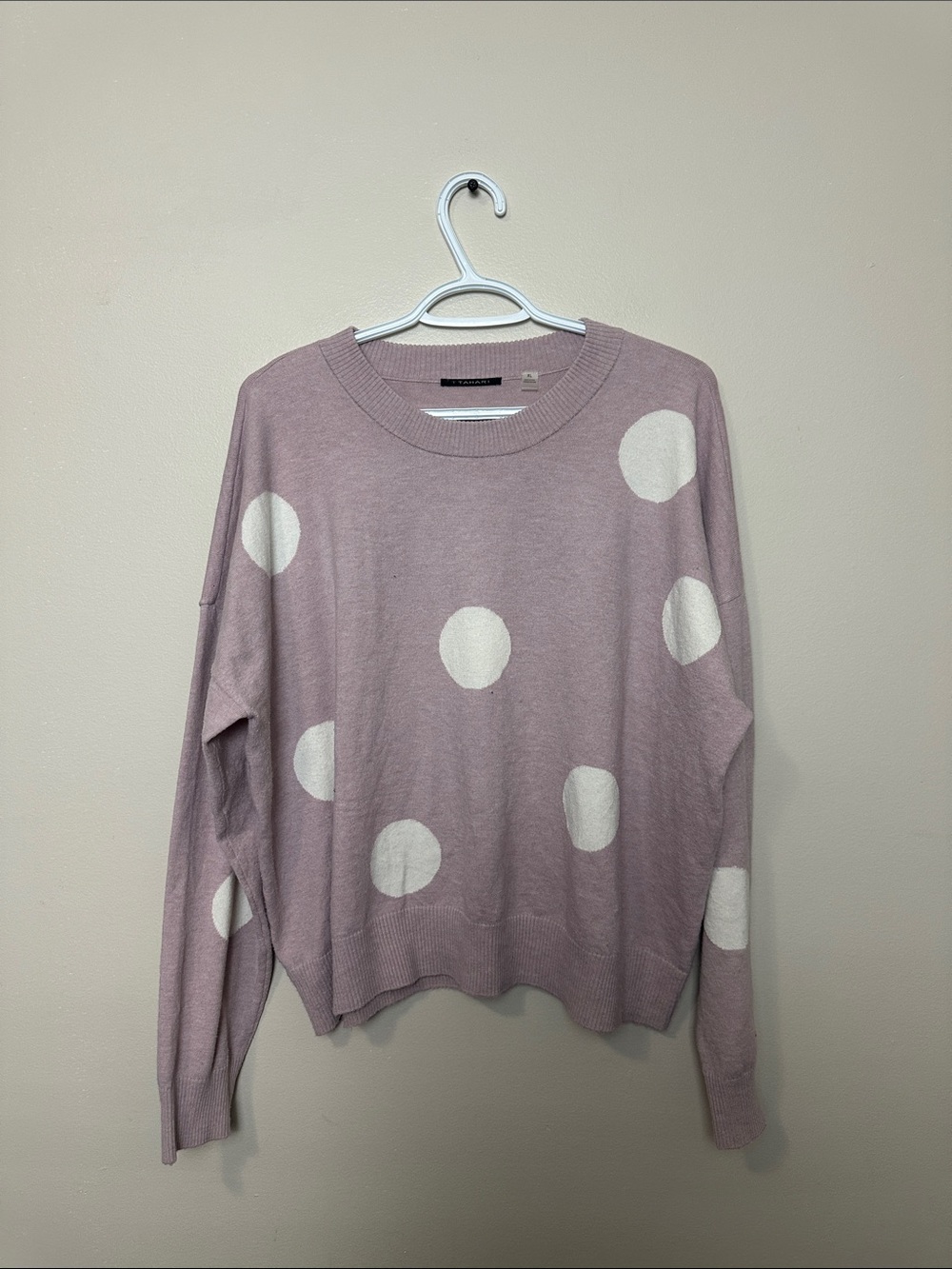 Tahari Dusty Pink Polka Dot Crewneck Sweater XL Soft Lightweight Knit - Picture 2 of 8